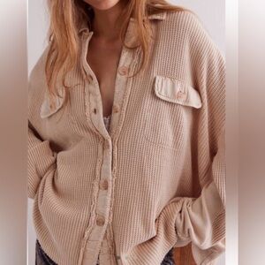 Free People Scout Tan Waffle Knit Jacket Beige Button-Up Waffle Knit Top X-Sm